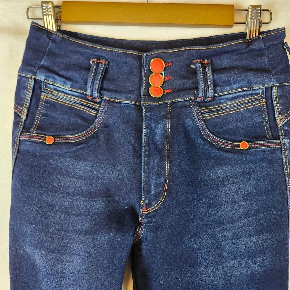 Bon Bon Up Womens High Rise Skinny Jeans Dark Wash Red Button Accents Indigo - Picture 13 of 14